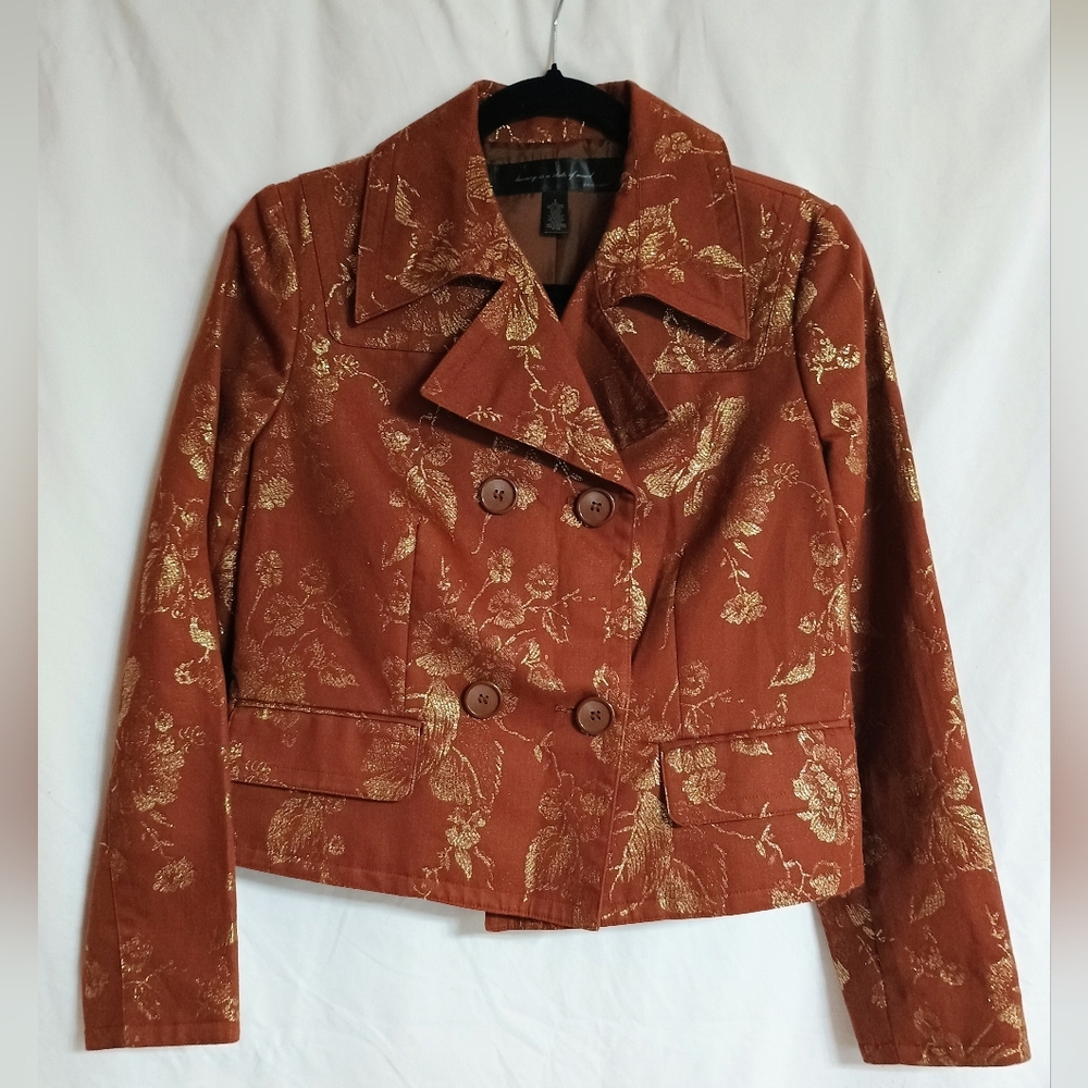 Apostrophe Brown and Gold Floral Pea Coat